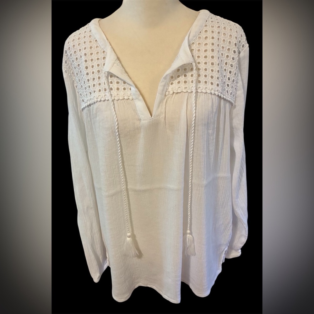Charter Club Top Sz L White Eyelet Lace Bodice 3/4-Long Sleeve Boho Peasant